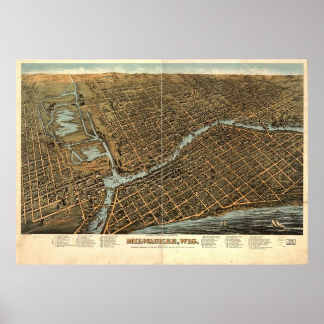 Poster Vintage Pictorial Map of Milwaukee (Devant)