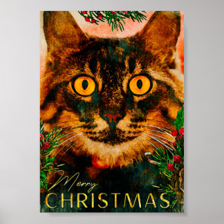 Poster Vintage Pin Branche Et Feuilles Chat Joyeux Noël