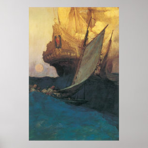 Poster Vintage Pirate, attaque contre un galion par Howar