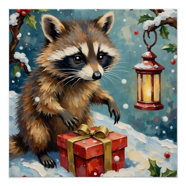Poster Vintage Raccoon Opening Christmas Gift Box Art (Devant)