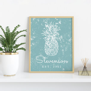 Poster Vintage Retro Beach Ananas Nom de famille Imprimer