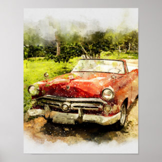 Poster Vintage Retro Old Classic Car Auto Aquarelle Art
