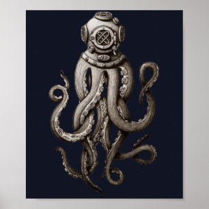 Poster Vintage Retro Plongée Octopus Graphisme