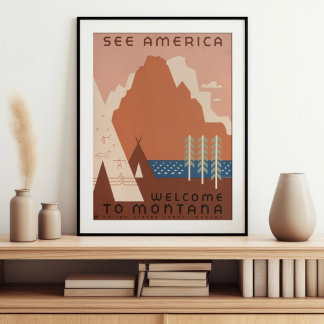Poster Vintage Retro Voir Amérique Bienvenue au Montana