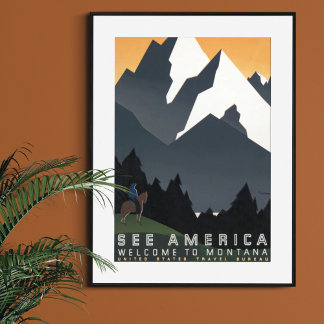 Poster Vintage Retro Voir Amérique Bienvenue au Montana