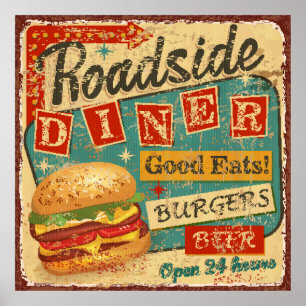 Poster Vintage Roadside Diner metal sign. diner, retro, v