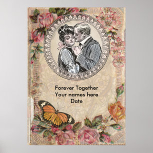 Poster Vintage Romance Couple Antique Rose Mariage