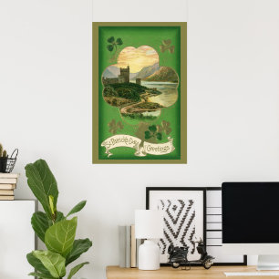 Poster Vintage Saint-Patricks Jour Salutations Shamrock C