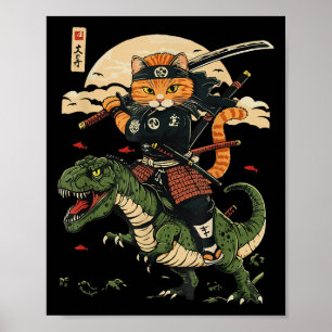 Poster Vintage Samurai Chat Dinosaur Art japonais