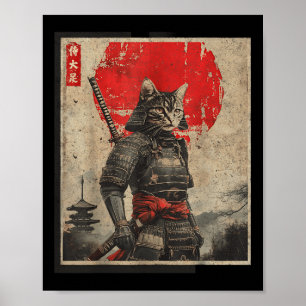 Poster Vintage Samurai Chat Japonais Tee - shirts graphiq