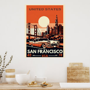 Poster Vintage San Francisco City voiture classique, Cali