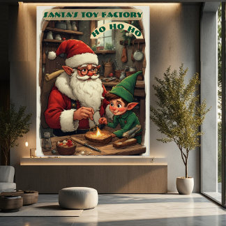 Poster Vintage Santa's Toy Factory Elf Helper in Workshop