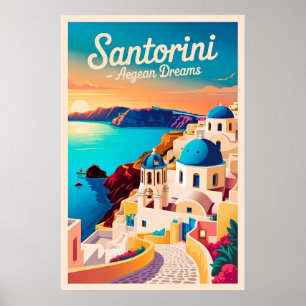 Poster Vintage Santorini Travel - Architecture Santorin