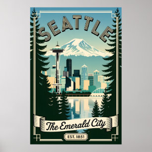 Poster Vintage Seattle Washington Emerald City Rétro