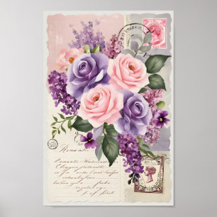 Poster Vintage Shabby Chic Découpage Floral Collage Art