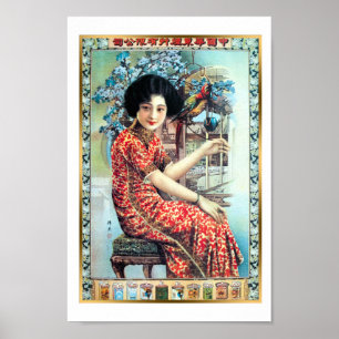 Poster Vintage Shanghai Chine Cigarette et perroquet femm