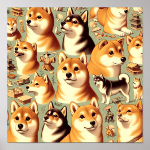 Poster Vintage Shiba Inu Motif sans couture