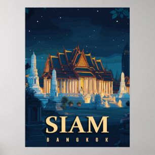 Poster Vintage Siam Bangkok Temples Voyage