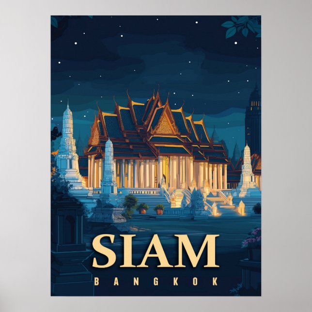 Poster Vintage Siam Bangkok Temples Voyage (Devant)