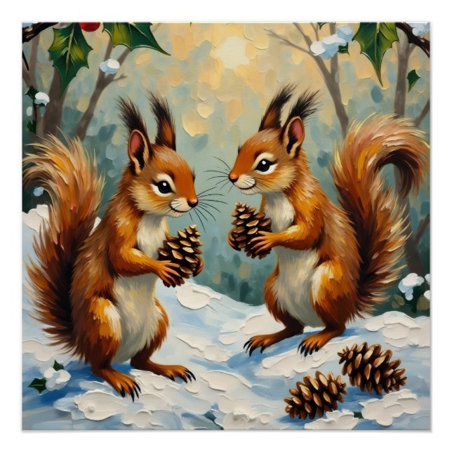Poster Vintage Squirrels Gathering Pinecones Christmas (Devant)