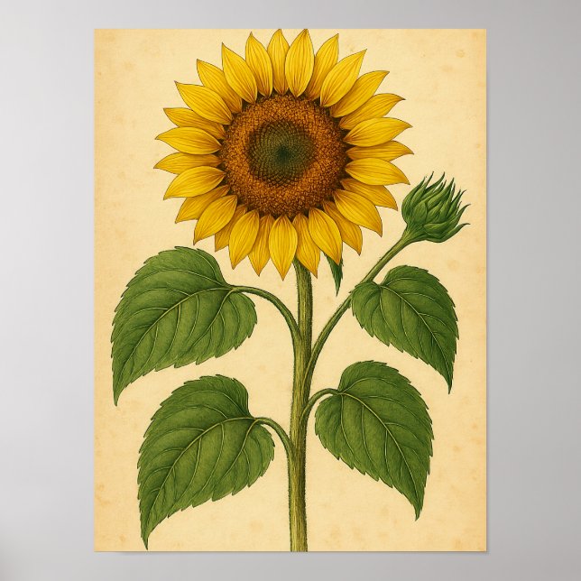 Poster Vintage Sunflower on Weathered Paper (Devant)
