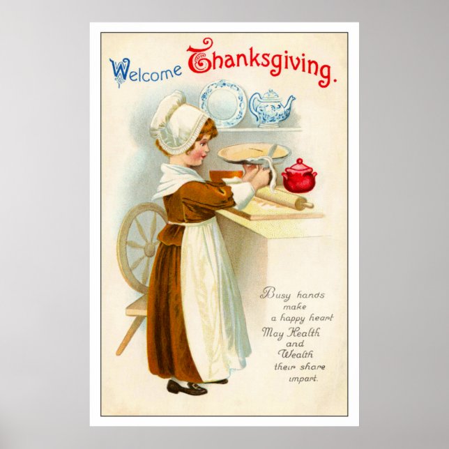 Poster vintage Thanksgiving Girl Making Pie (Devant)