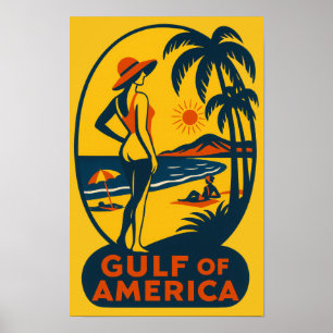 Poster Vintage The Gulf of America Travel Beach
