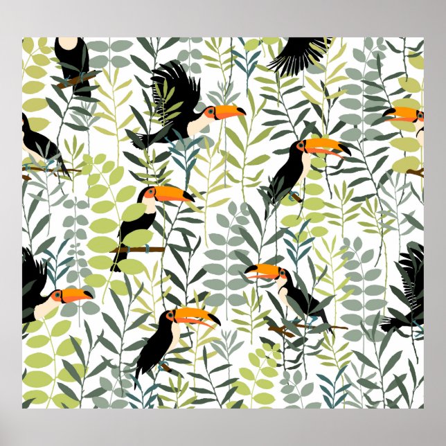 Poster Vintage Toucans Vert Feuille Motif (Devant)