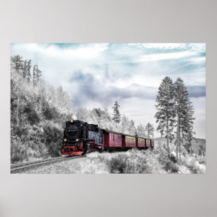 Poster Vintage Train Winter Christmas Scene