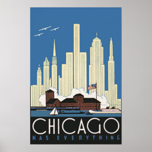 Poster Vintage Travel Chicago a Tout Ciel de la Ville