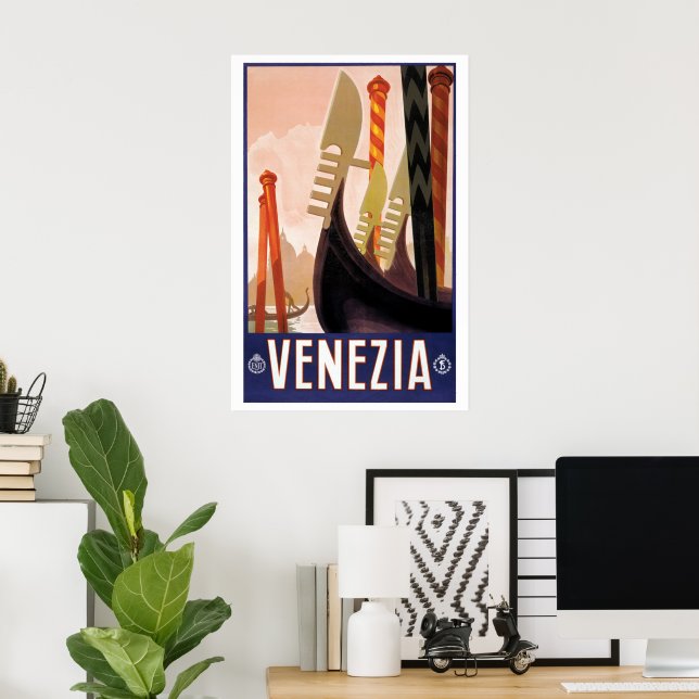 Poster Vintage Travel, Venezia, Venice, Italy, Gondolas (Bureau à domicile)