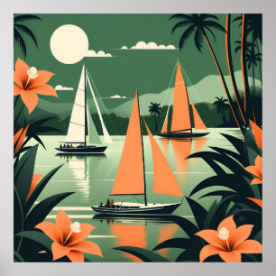 Poster Vintage Tropical Beach and Sailboats Retro