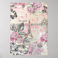 Vintage typo noir rose floral Paris Tour Eiffel