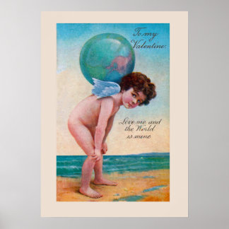 Poster Vintage Valentine's Day Cupid Holding Globe
