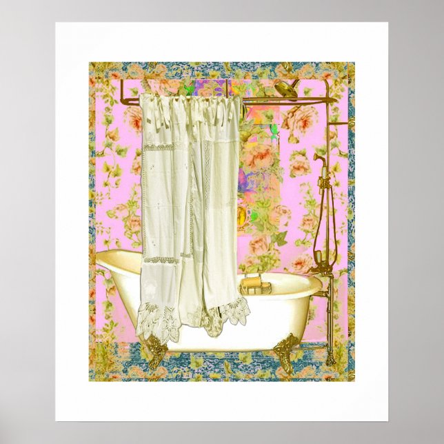 Poster Vintage Victorian Bathtub Brass Fixtures Pink  (Devant)