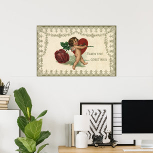 Poster Vintage Victorian Valentine Cherub, Rose et coeur