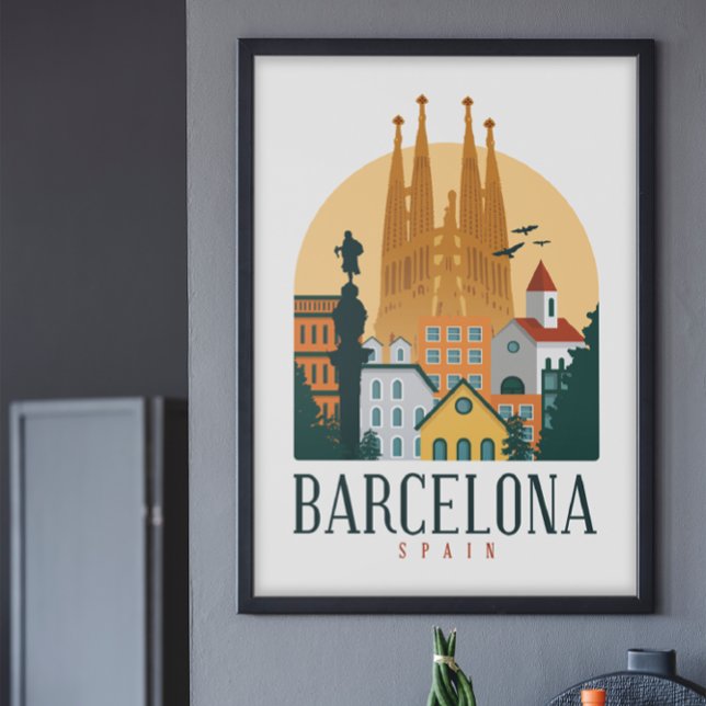 Poster Vintage voyage de Barcelone (Barcelona Spain Vintage Cityscape Poster)