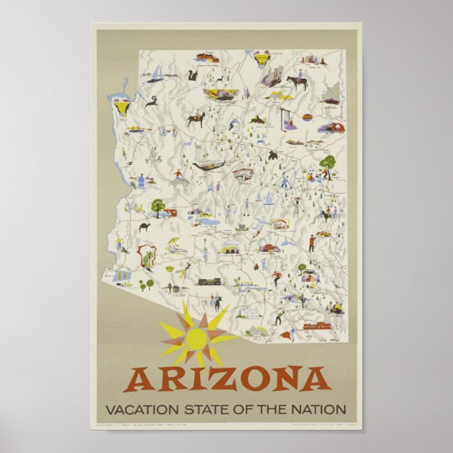 Poster Vintage voyage de carte Arizona USA (Devant)