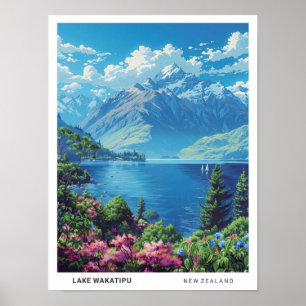 Poster Vintage voyage du lac Wakatipu Nouvelle-Zélande