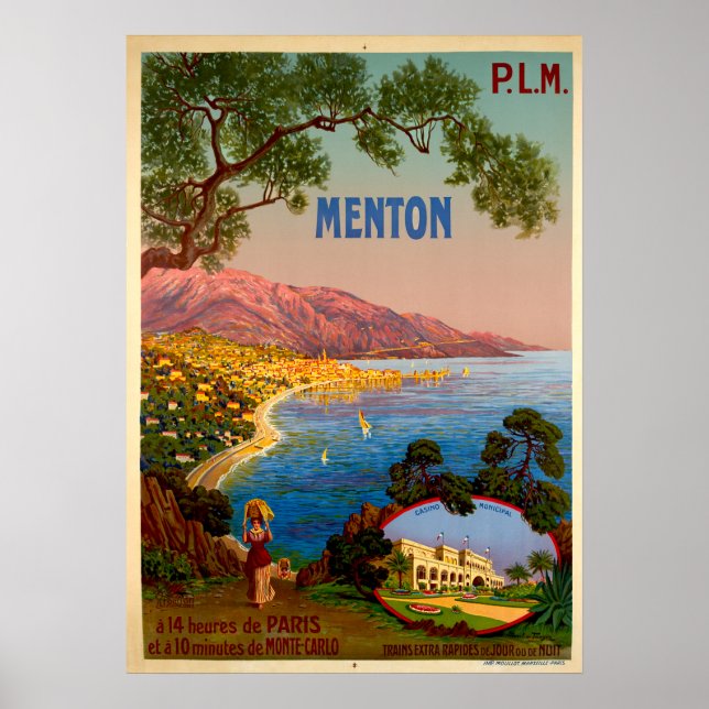 Poster Vintage voyage - Menton - Riviera française (Devant)