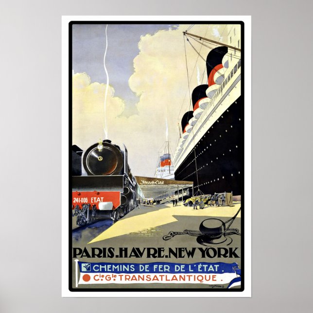 Poster Vintage voyage Paris Havre New York (Devant)