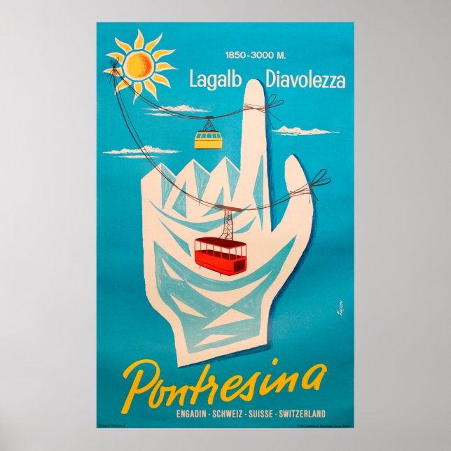 Poster Vintage voyage Pontresina Ski Suisse (Devant)