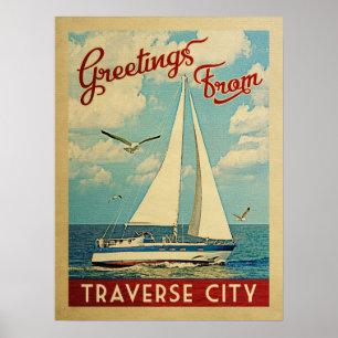 Poster Vintage voyage transversal Michigan de voilier de