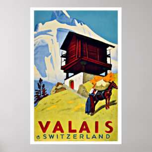 Poster Vintage voyage Valais Suisse Ferme
