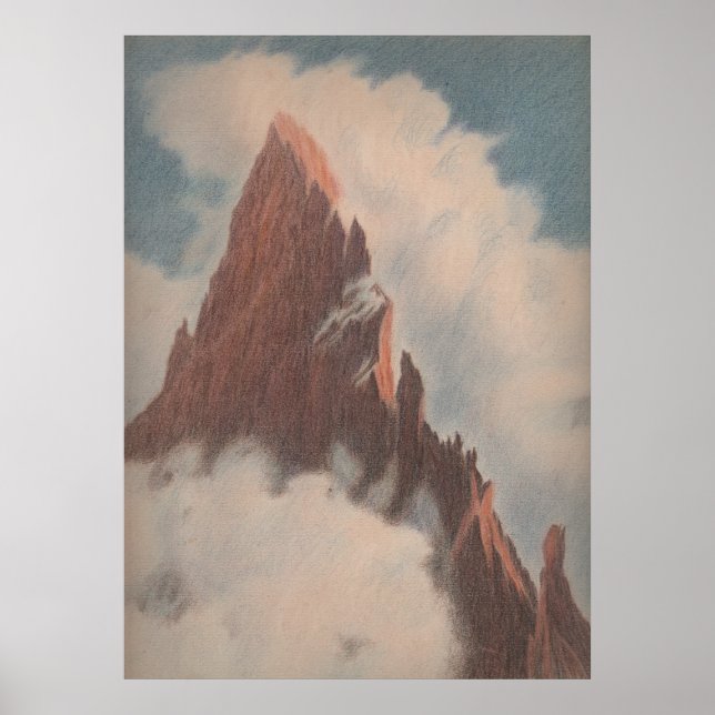 Poster Vintage vue montagne paysage nuages neige unique (Devant)
