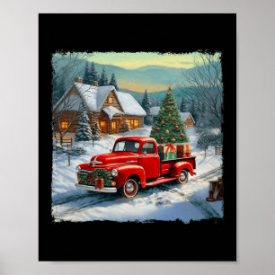 Poster Vintage Wagon Red Truck Joyeux Noël Arbre neige
