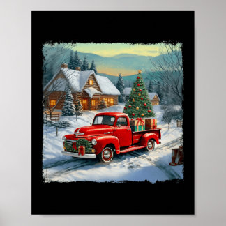 Poster Vintage Wagon Red Truck Merry Christmas Tree Snow