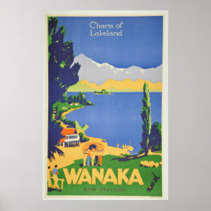 Poster Vintage Wanaka New Zealand Lakeland Travel