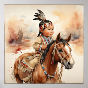 Poster Vintage Western Art Native American Baby on Horse