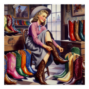 Poster Vintage Western Retro Cowgirl Boot Shopping